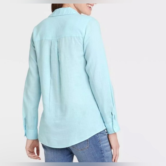 MATERNITY sky blue linen blouse snaps on the side szM - Picture 9 of 9